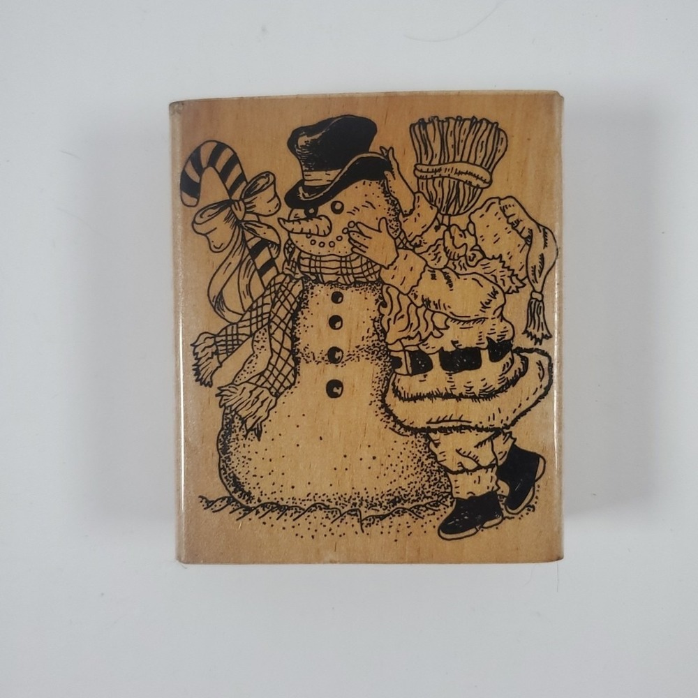 Vintage Snowman Santa Rubber Stamp Wood Mounted Christmas